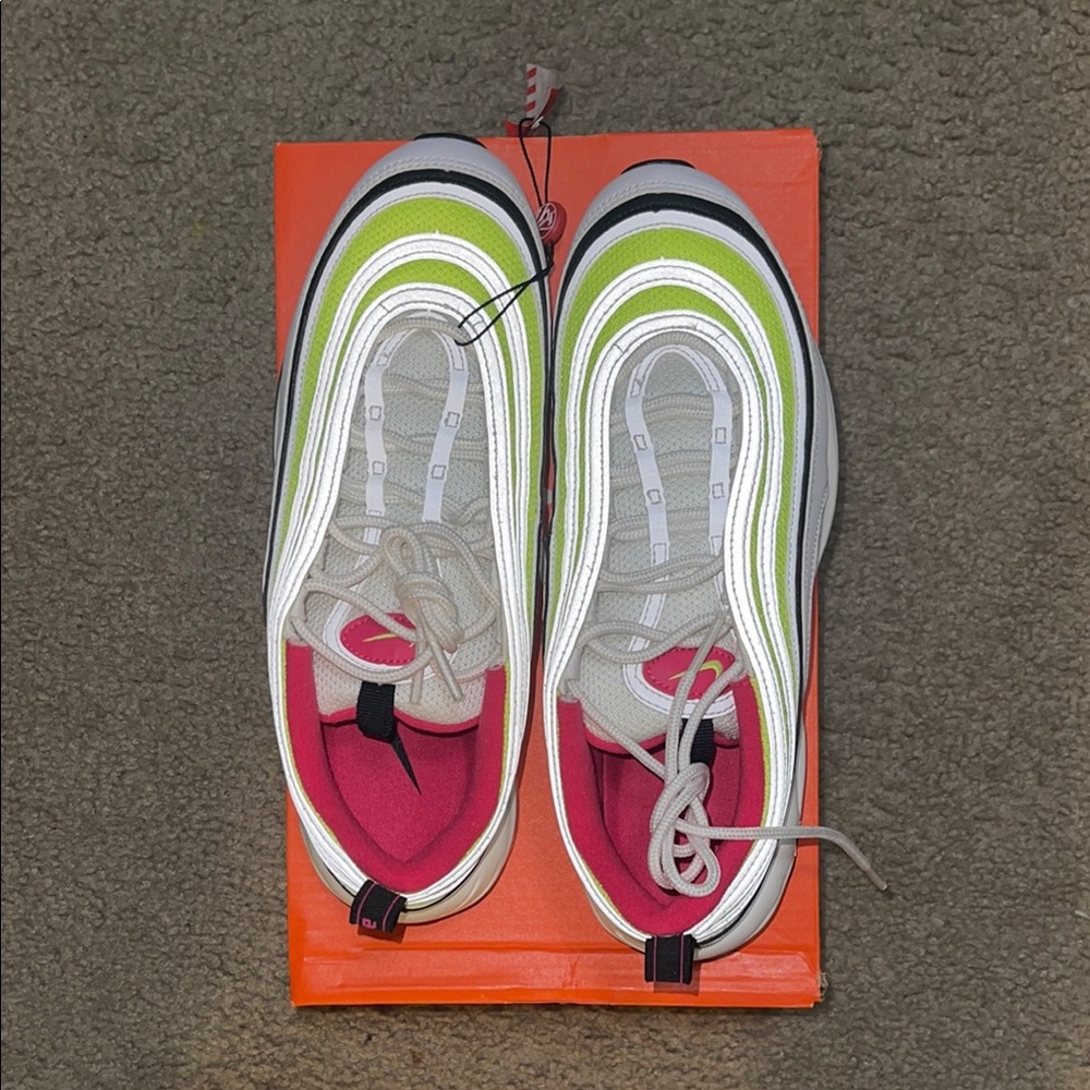 Nike Air Max 97 in White, Pink, Black, and Volt